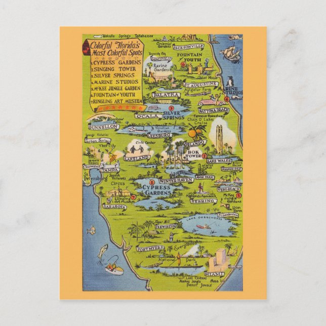 Vintage Florida attractions map Postcard (Front)