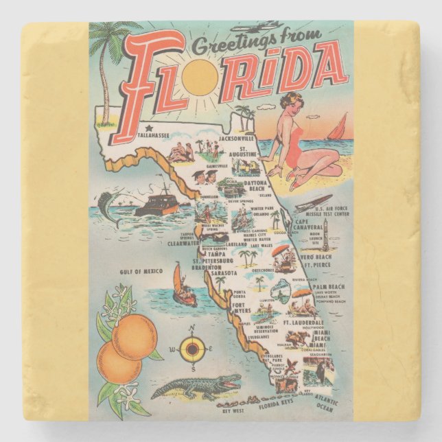 Vintage Florida Greetings Map Stone Coaster (Front)