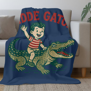 Vintage Florida Kitsch Ridde Gator Blue Alligator Fleece Blanket