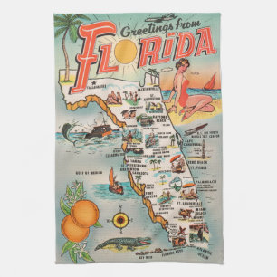 Vintage Florida map of attractions Tea Towel