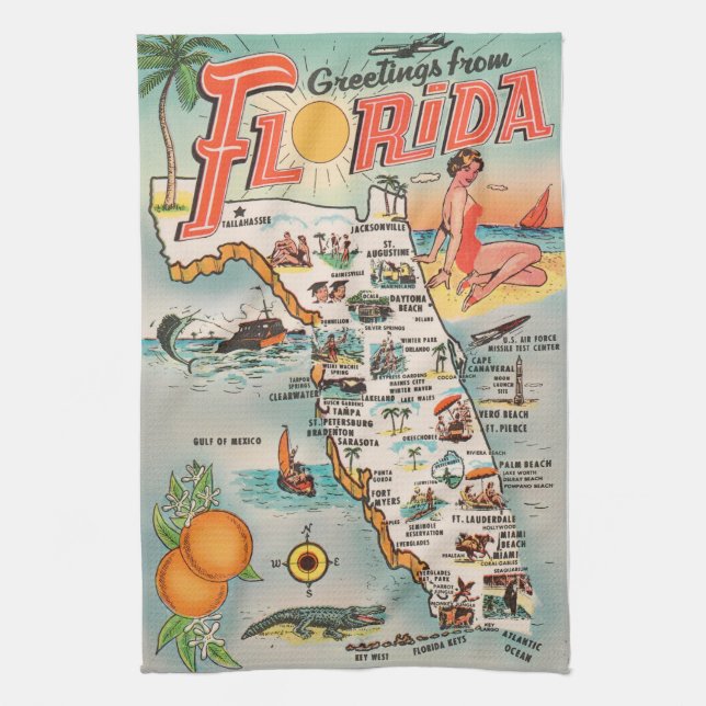 Vintage Florida map of attractions Tea Towel (Vertical)