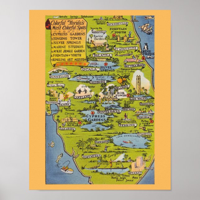 Vintage Florida Map of Colourful Spots Poster (Front)