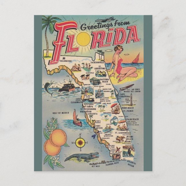 Vintage Florida Map Post Card (Front)