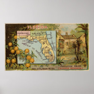 Vintage Florida Map with Illustrations (1890) Poster