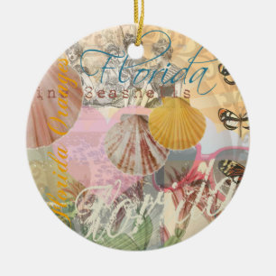 Vintage Florida Travel Beach Shells Collage Ceramic Tree Decoration