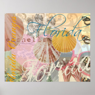 Vintage Florida Travel Beach Shells Collage Poster