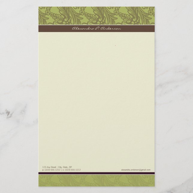 Vintage Flourish Olive Customised Stationery (Front)