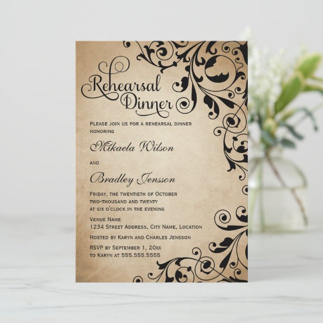 Vintage Flourish Swirls Rehearsal Dinner Invitation (Standing Front)