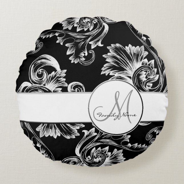 Vintage Flourish (White) (Monogram) Round Cushion (Front)