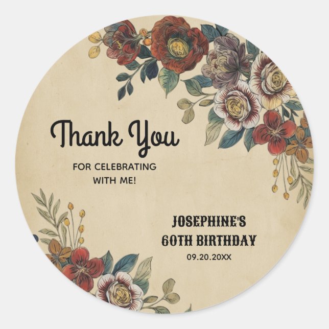 Vintage Flower Birthday Thank You Classic Round Sticker (Front)