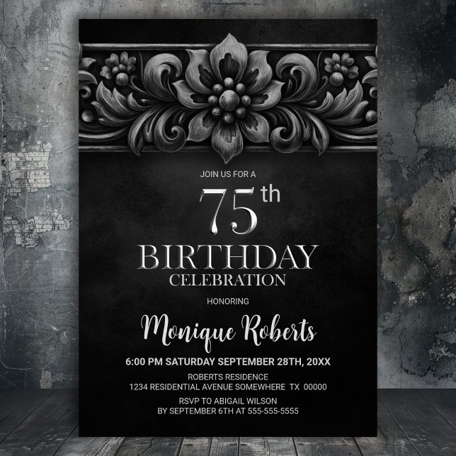 Vintage Flower Black 75th Birthday Party Invitation (Creator Uploaded)