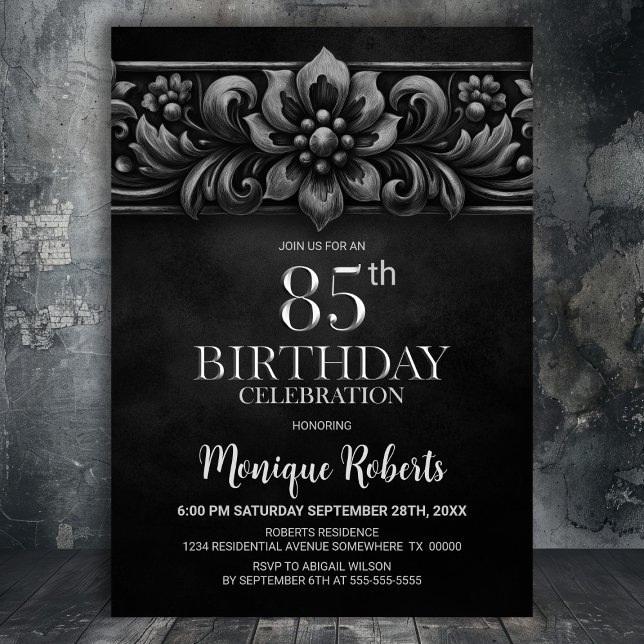 Vintage Flower Black 85th Birthday Party Invitation (Creator Uploaded)
