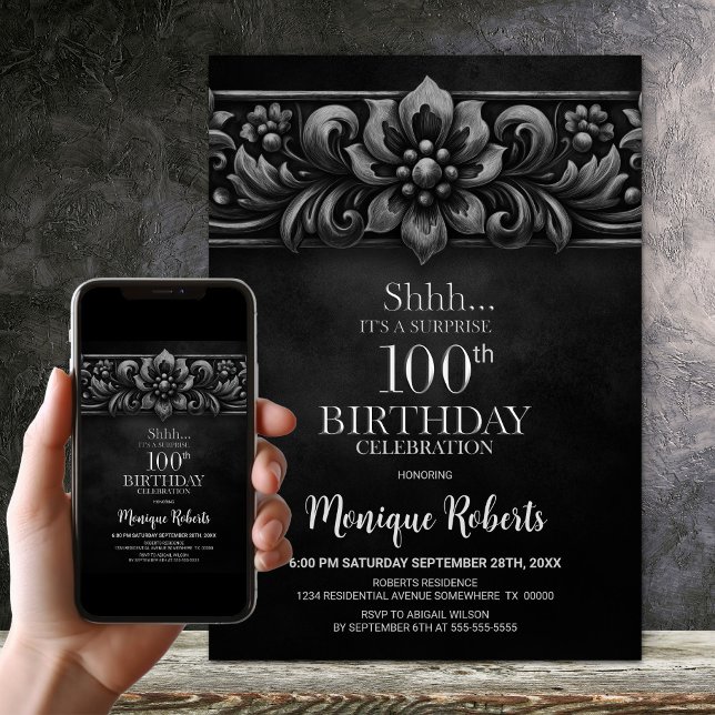 Vintage Flower Black Surprise 100th Birthday Party Invitation (Creator Uploaded)