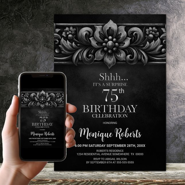 Vintage Flower Black Surprise 75th Birthday Party Invitation (Creator Uploaded)