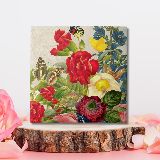 Vintage Flower Bouquet with Butterflies Tile (Vintage Flower Bouquet with Butterflies Ceramic Tile)