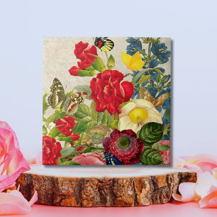 Vintage Flower Bouquet with Butterflies Tile