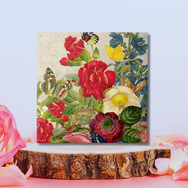 Vintage Flower Bouquet with Butterflies Tile (Vintage Flower Bouquet with Butterflies Ceramic Large Tile)