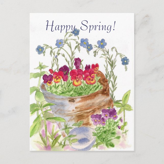 Vintage Flower Bucket Bouquet Happy Spring Postcard (Front)