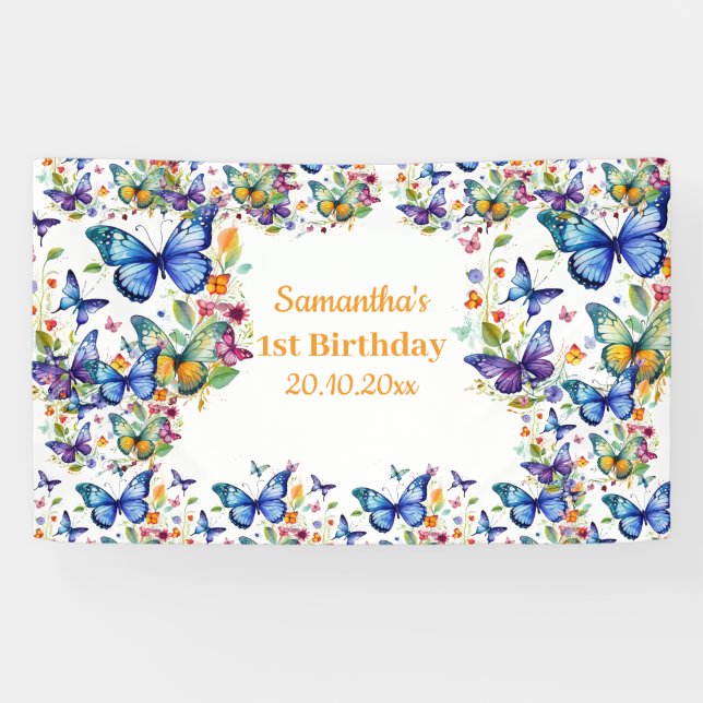 Vintage Flower Butterflies Birthday Banner (Horizontal)