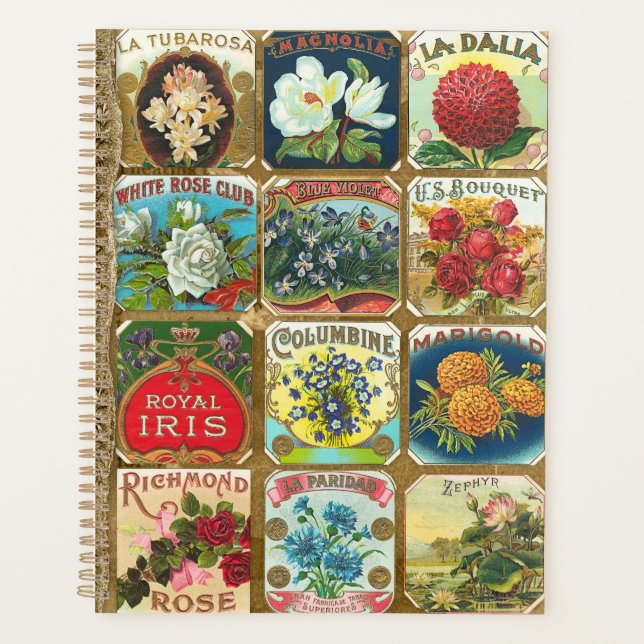 Vintage Flower Cigar Labels Floral Gold Planner (Front)