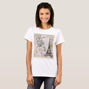 Vintage Flower Collage and Eiffel Tower Drawing T-Shirt