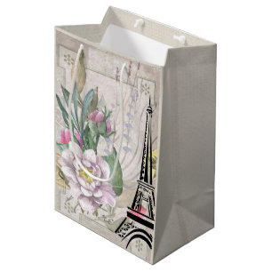 Vintage Flower Collage, Eiffel Tower & Burlap Medium Gift Bag