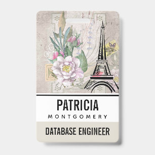 Vintage Flower Collage & Eiffel Tower Illustration ID Badge