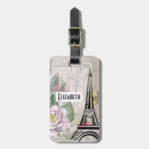 Vintage Flower Collage & Eiffel Tower Illustration Luggage Tag