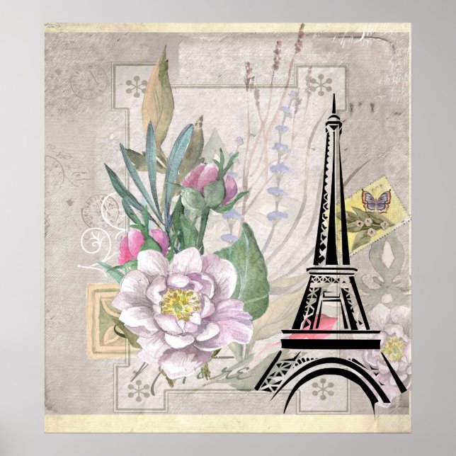 Vintage Flower Collage & Eiffel Tower Illustration Poster (Front)