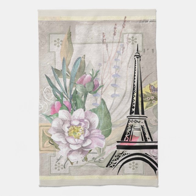 Vintage Flower Collage & Eiffel Tower Illustration Tea Towel (Vertical)