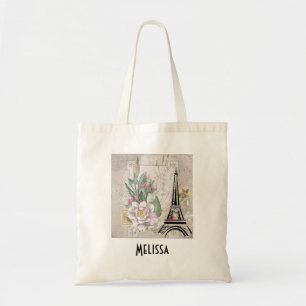 Vintage Flower Collage & Eiffel Tower Illustration Tote Bag
