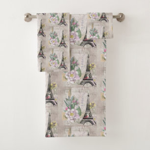 Vintage Flower Collage & Eiffel Tower Pattern Bath Towel Set