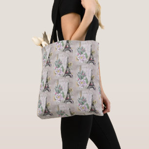 Vintage Flower Collage & Eiffel Tower Pattern Tote Bag