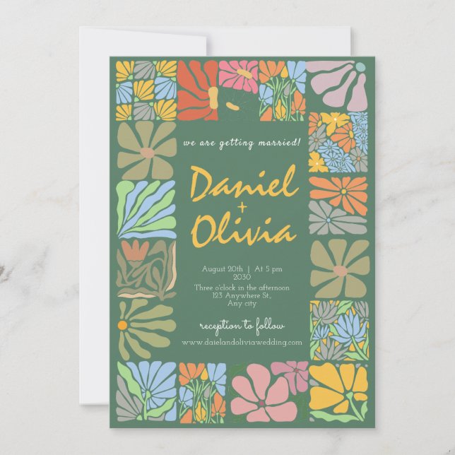 Vintage Flower Colourful Retro Wedding Invitation (Front)