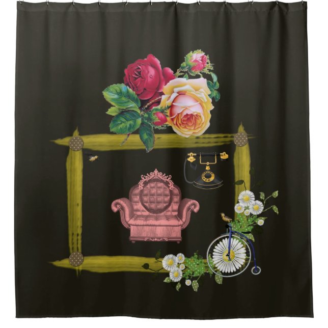 vintage flower couch black shower curtain (Front)