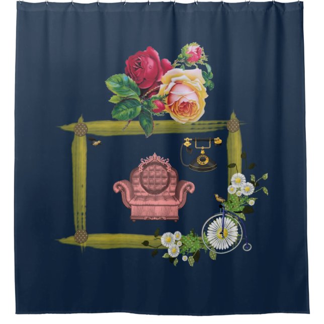 vintage flower couch blue shower curtain (Front)