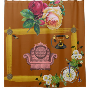 vintage flower couch orange shower curtain