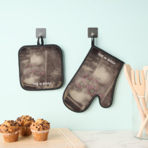 Vintage Flower Garden Chair Personalised Oven Mitt & Pot Holder Set