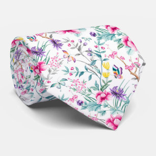 Vintage Flower Garden Rainbow Butterfly white Tie