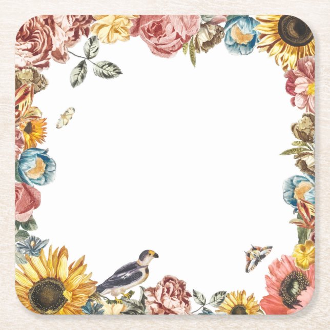 Vintage flower garden square paper coaster (Front)