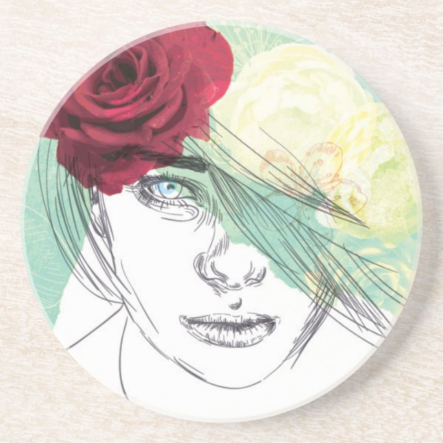 Vintage flower girl illustration coaster (Front)