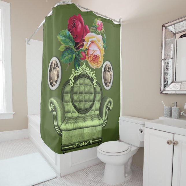 vintage flower green shower curtain (In Situ)