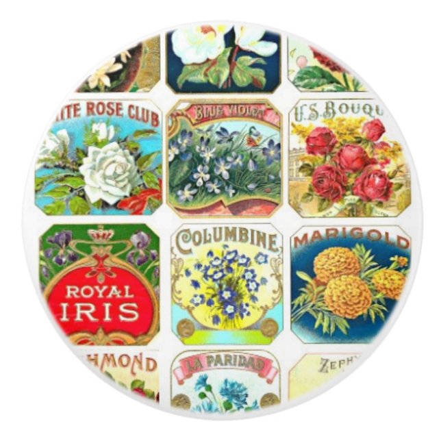 Vintage Flower Labels Ceramic Knob (Front)