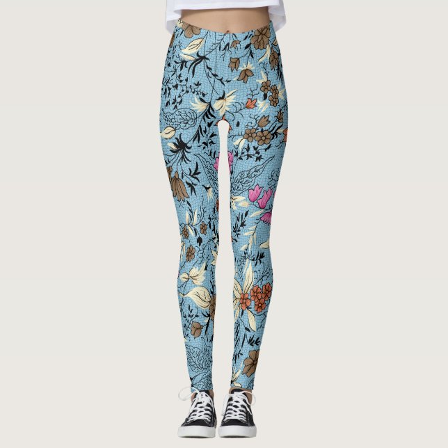 Vintage flower pattern, blue background. leggings (Front)