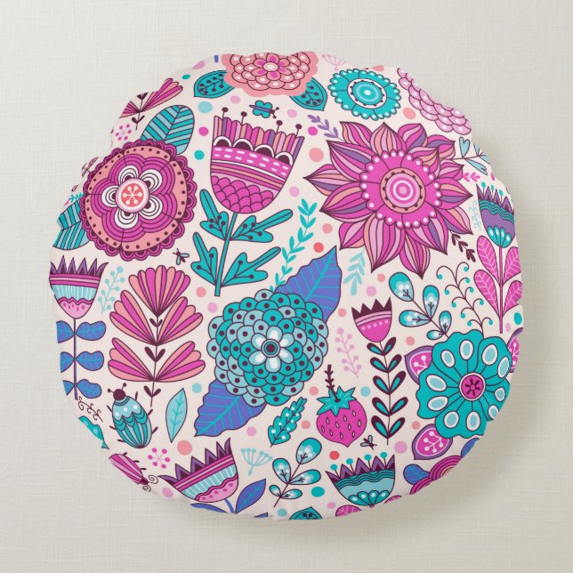 Vintage flower pattern. Seamless botanic texture,  Round Cushion (Front)