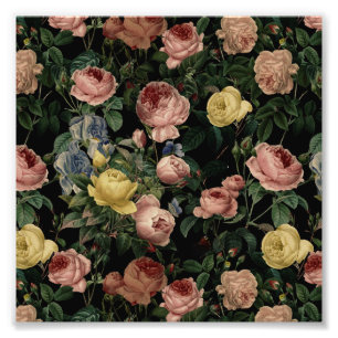 Vintage Flower Roses and Iris Pattern-Dark Dreams Photo Print