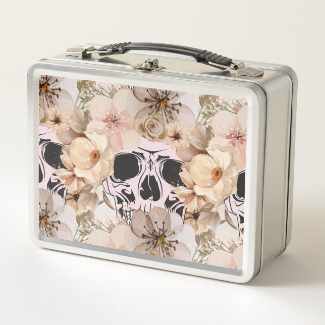 VINTAGE FLOWER SKULL METAL LUNCH BOX (Front)