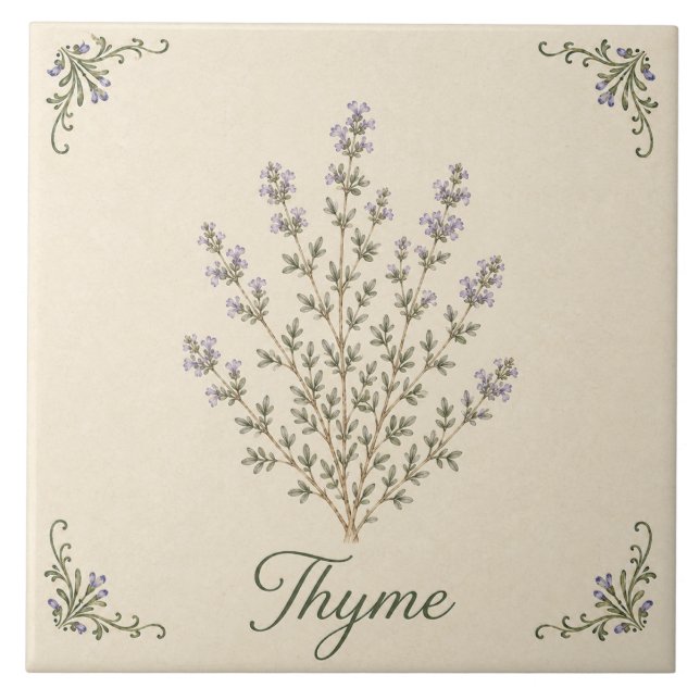 Vintage Flowering Thyme Botanical Kitchen Herb Tile (Front)