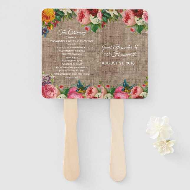 Vintage Flowers and Burlap Wedding Program Fan (Front and Back)
