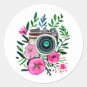 Vintage Flowers and Retro Camera Personalised Classic Round Sticker